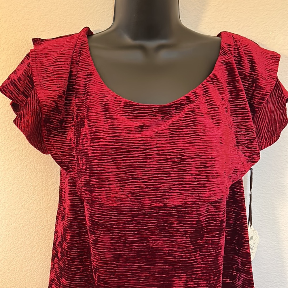 Knox Rose Burgundy Maroon Crushed Velvet Ruffle Off the Shoulder Top - Picture 3 of 12